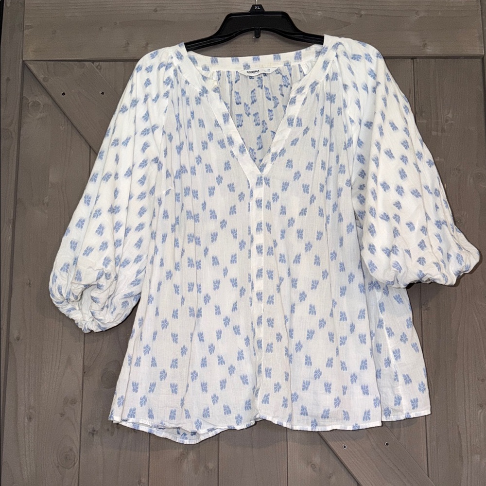 Sonoma White Blouse with Blue Pattern